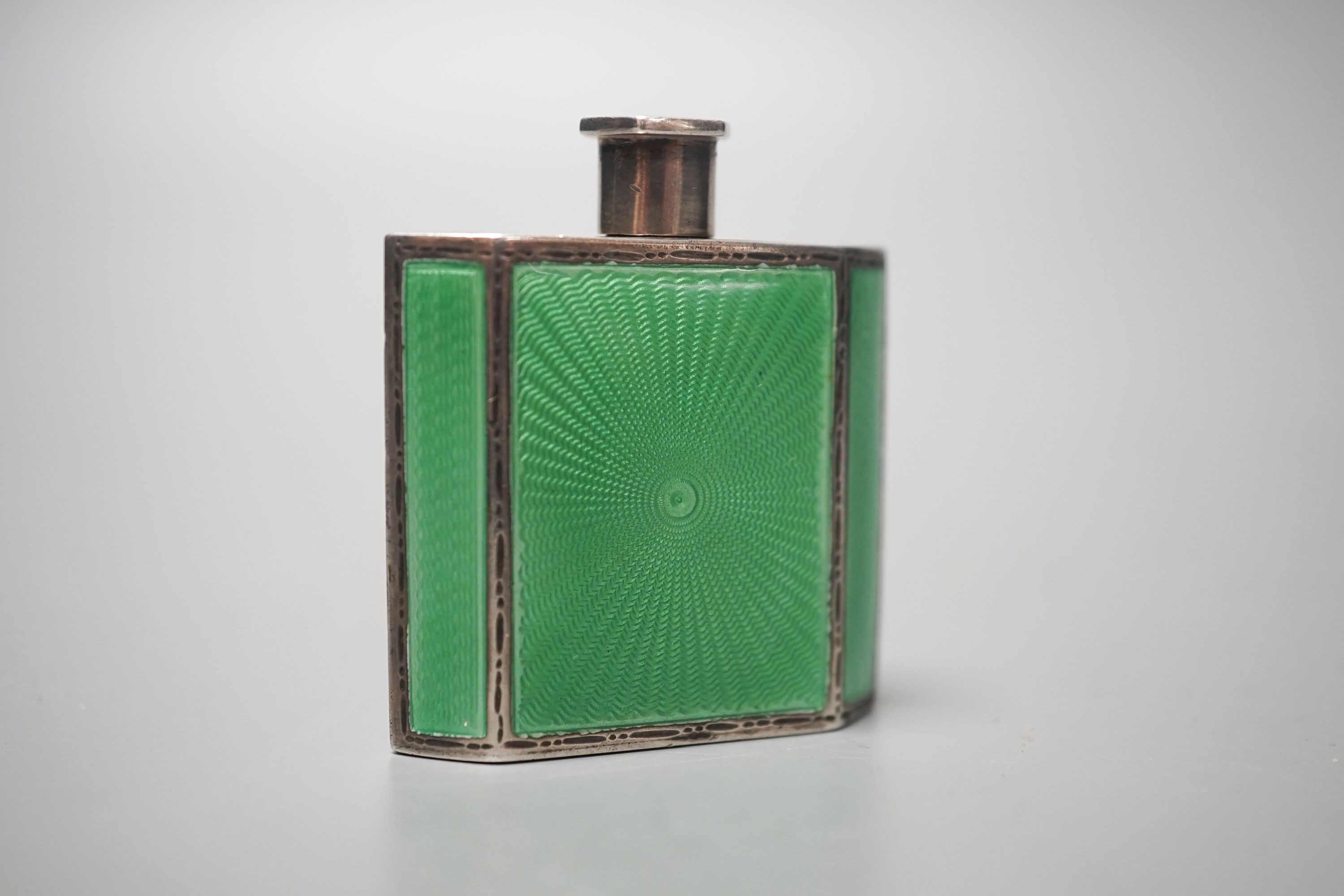 A 1930's silver and green enamel scent flask, by Mappin & Webb, 45mm.